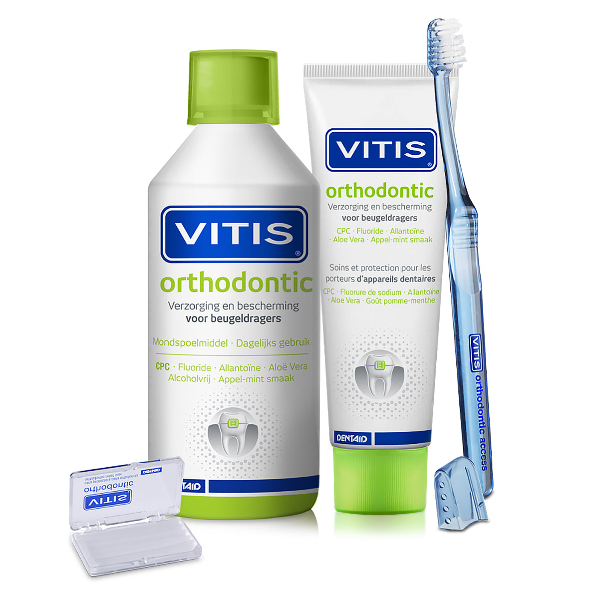 Vitis Orthodontic wax naast mondspoeling, tandpasta en tandenborstel voor beugeldragers