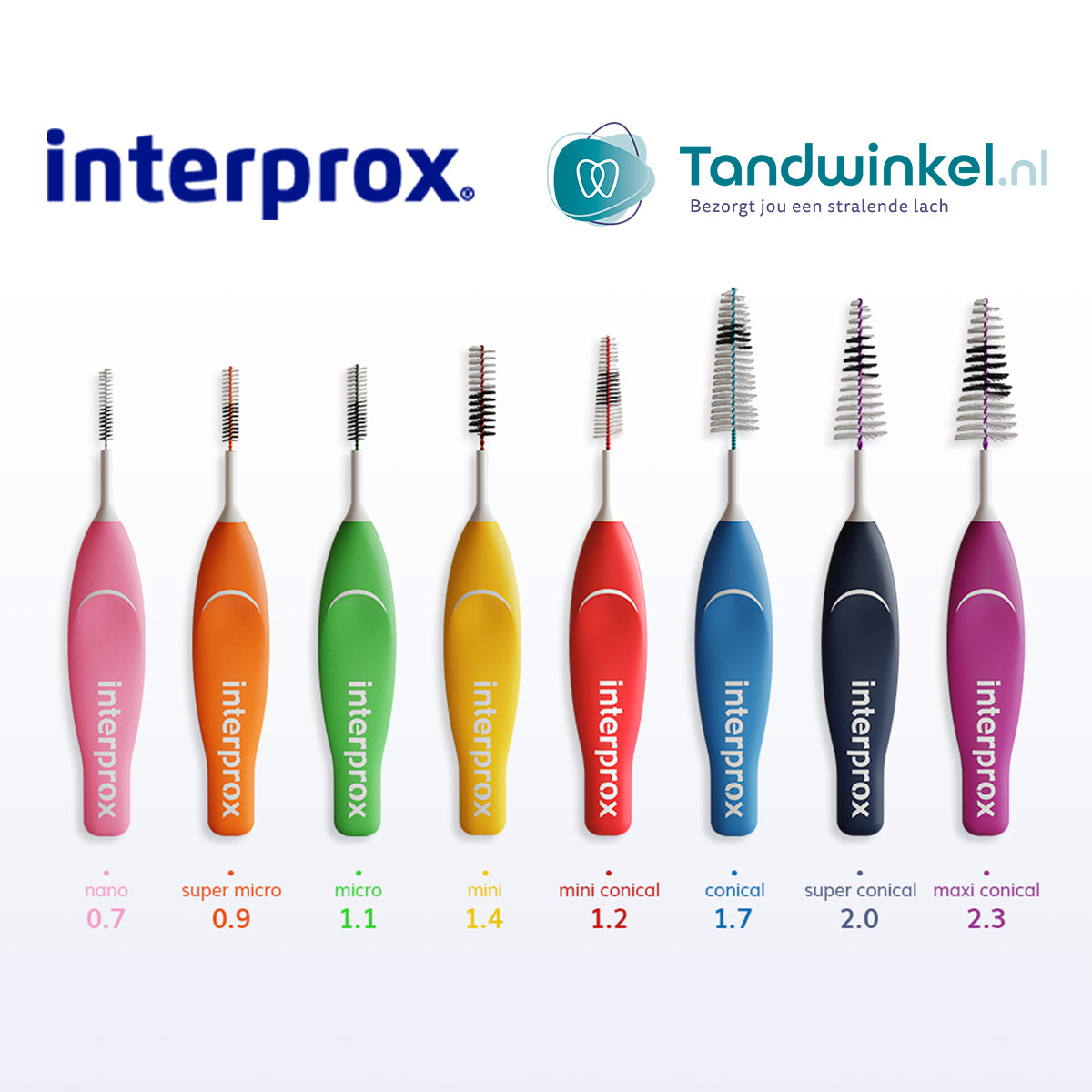 Interprox ragers in acht kleuren en maten van nano 0,7 tot maxi conical 2,3